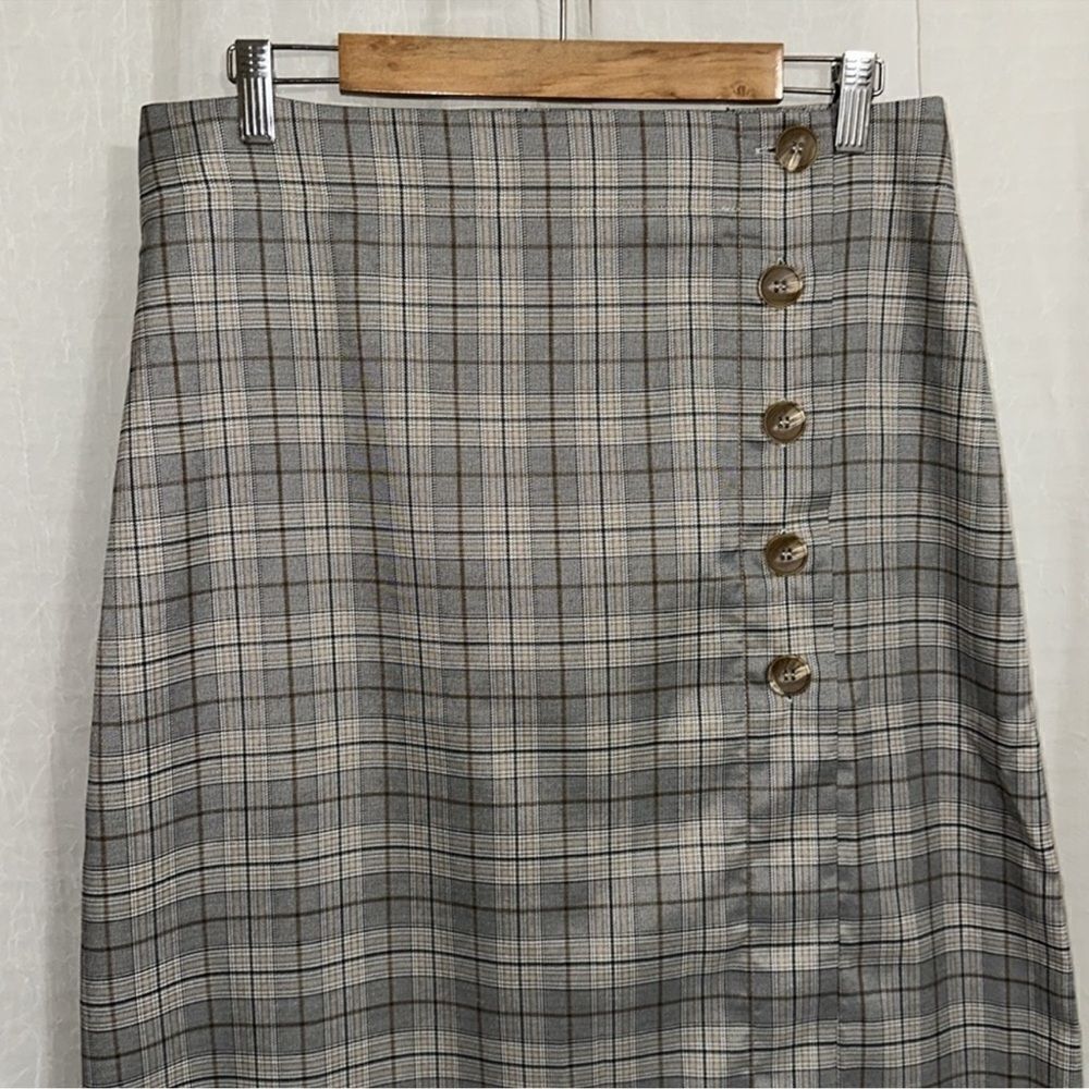 porridge x Anthropologie L Neutral Motif Button Side Plaid Midi Skirt - Picture 8 of 16